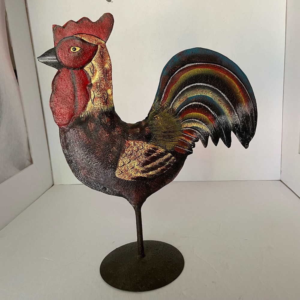 Rooster Metal Decor Puffed Pedestal Painted Red Brown 12" Barn Yard